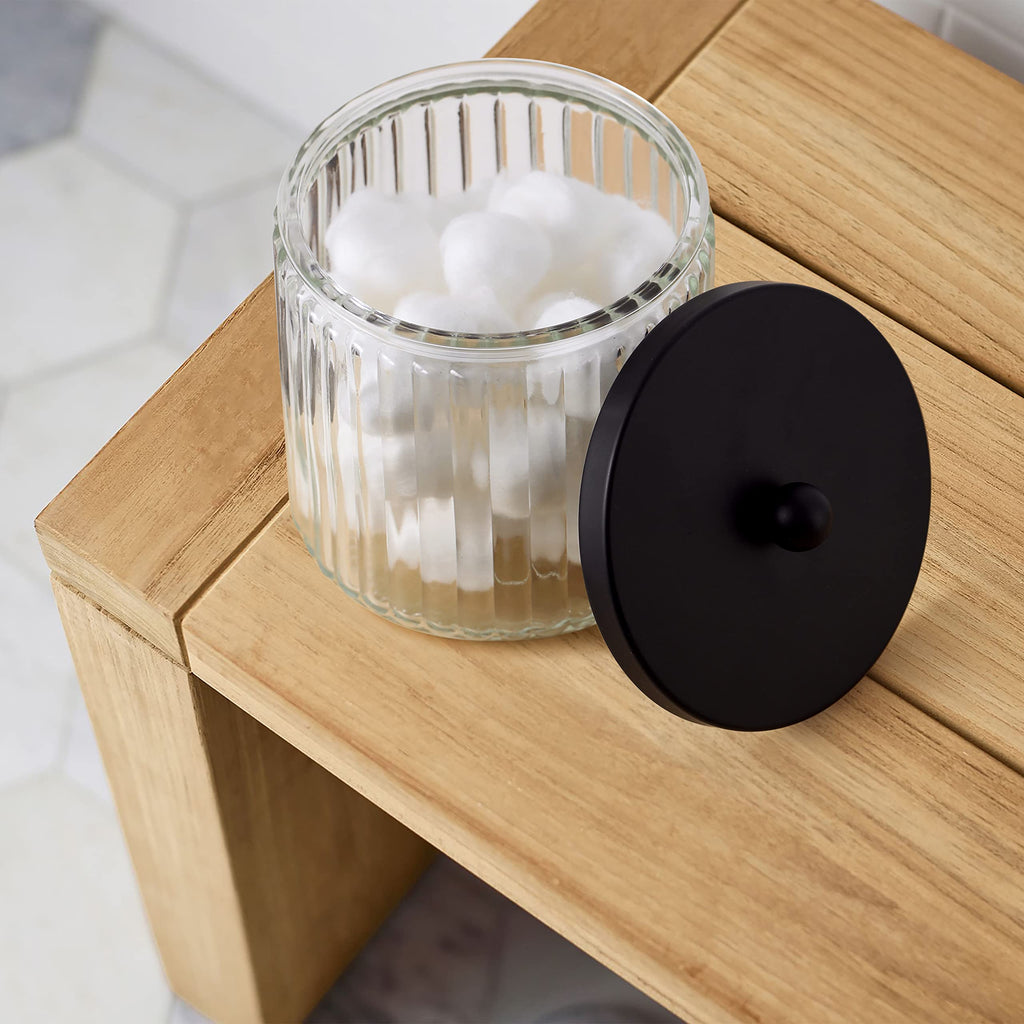 KMwares 2-Pack Glass Qtip Holder Dispenser Set - Bathroom Canister Storage Organizer for Cotton Balls, Swabs, Floss Picks, and Makeup Sponges with Matte Black Metal Lid - Clear Vanity Apothecary Jars