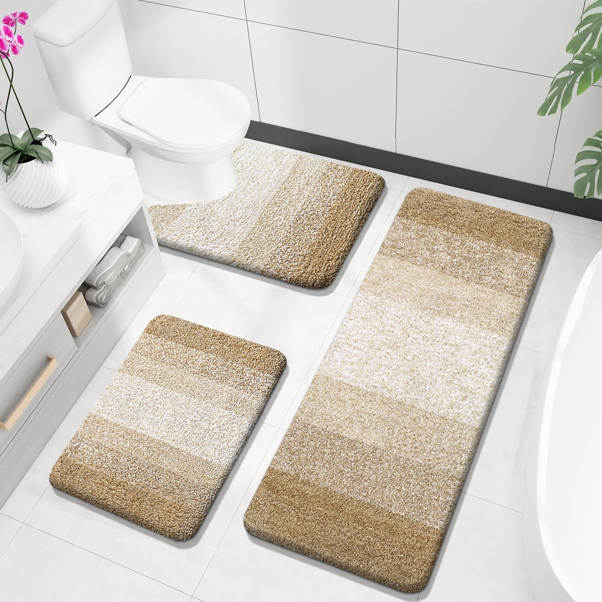 OLANLY Microfiber Bathroom Rugs Sets 3 Piece, Absorbent Bath Mats, Mauve