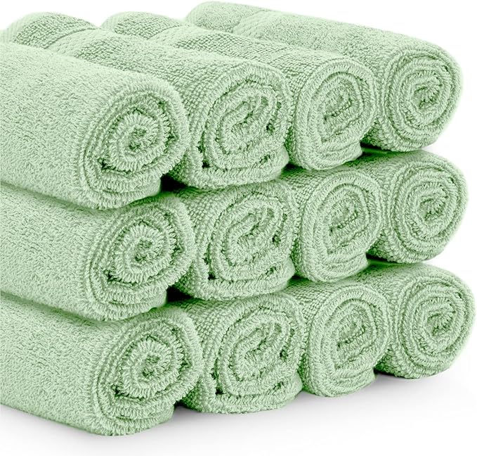 White Classic Luxury Cotton Washcloths 13x13 Inch - 650 GSM Turkish Cotton | Hotel, Spa, Bathroom Face Towel | 12 Pack, Mint Green