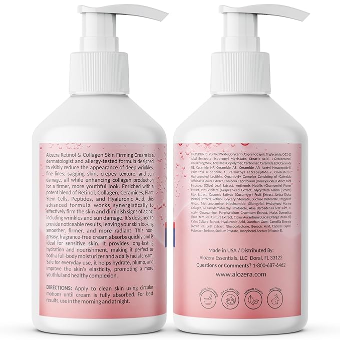 Alozera Skin Firming Retinol Collagen Face & Body Lotion with Stem Cells for Aging Skin and Wrinkles, Non-Greasy, Lightweight Moisturizer, Fragrance-Free, 16.9 oz