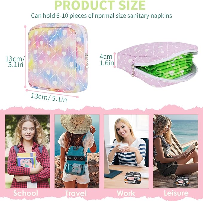 Desing Wish Sanitary Pad Storage Bag Portable Period Bag for Teen Pads/Sanitary Napkins/Small Tampons, Sanitary Napkin Storage Bag First Period Gifts for Teen Girls (Purple Bowknot Cat)