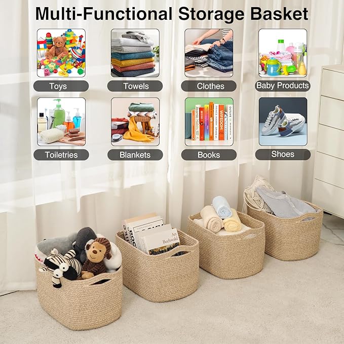 ICERZCZ Storage Baskets for Organizing & Shelves, Woven Cotton Rope Organization Bins for Dog Toys, Clothes, Books, Nursery Organizer, 15" Lx11''Wx9.5''H, (4 Packs) Brown