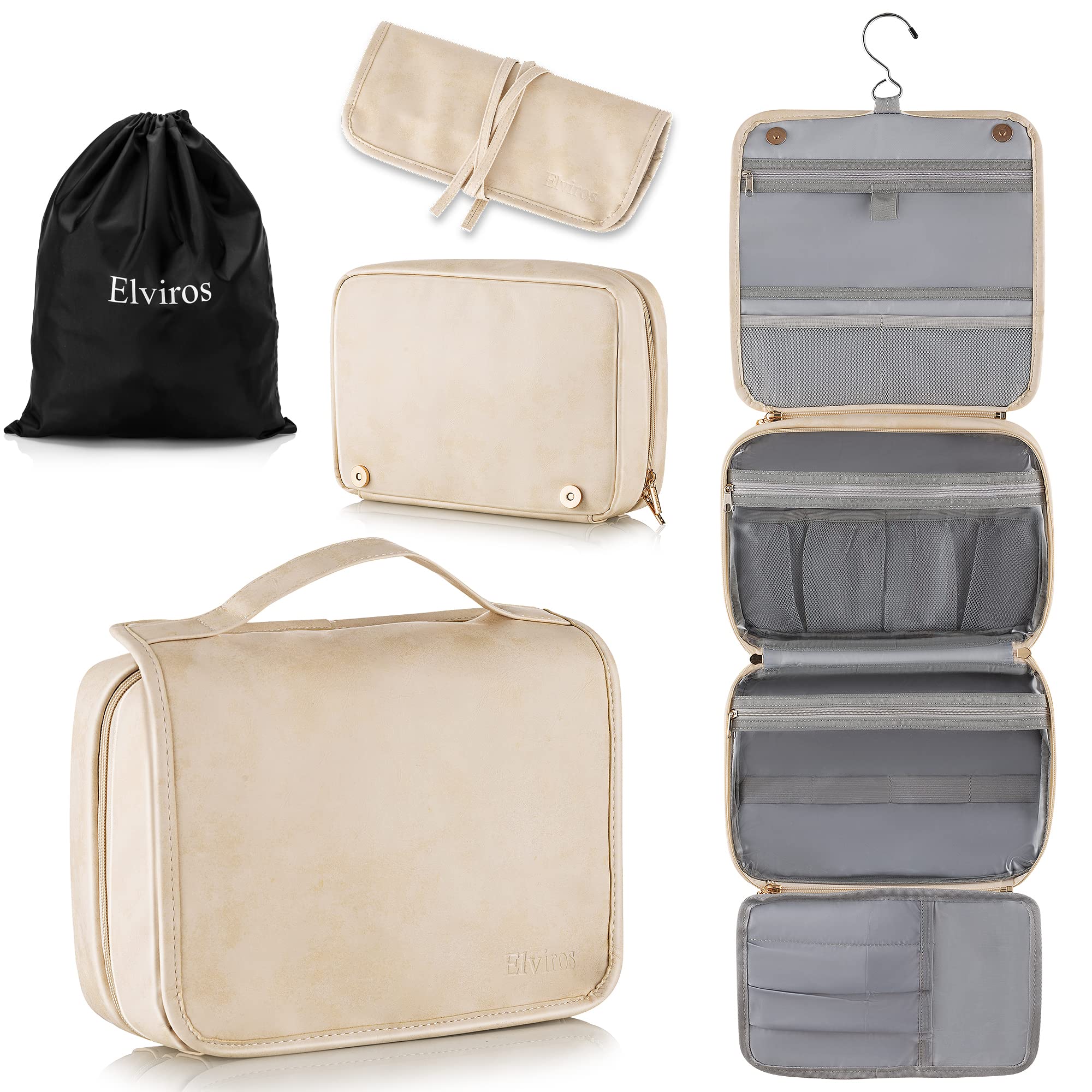 Elviros Hanging Travel Toiletry Bag for Women Vegan Leather (Beige)