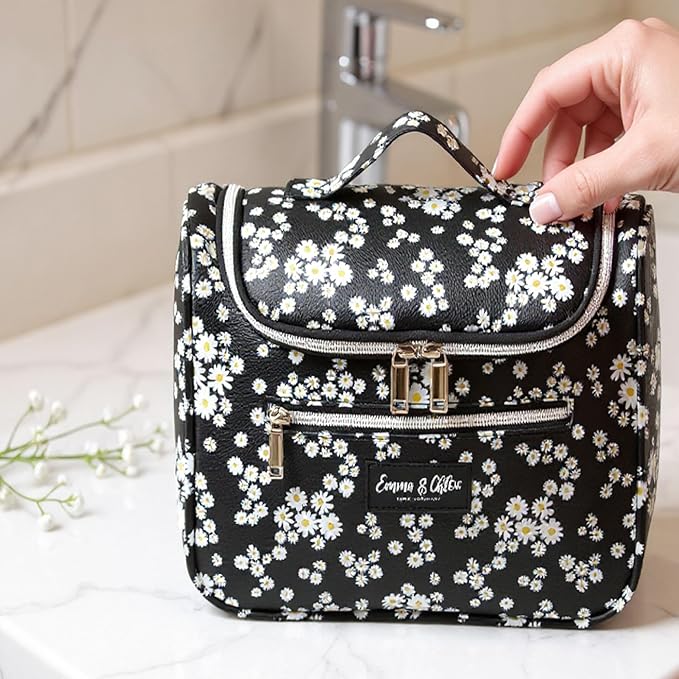 Emma & Chloe Large Cosmetic Case Makeup Organizer, Toiletry Bag for Women | 4 Section Waterproof Travel Make Up Organizing Bags (Delightful Daisies)