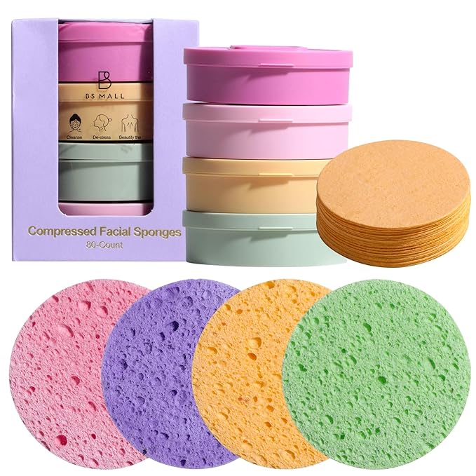Compressed Facial Sponges BS-MALL 80 Count,Reusable Face Cleansing Pads,Gentle Exfoliating Sponges for Makeup Removal, Deep Cleansing, Dead Skin Removal,Travel-Friendly Spa Skincare Sponges