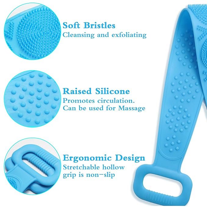 Silicone Back Scrubber Belt (28 inch) Blue – Extra Long-Double-Sided Bath Scrub Strap Gently Massages and Exfoliates Skin - Shower Back Scrubber - Back Washer for Shower Men & Women - Back Exfoliator