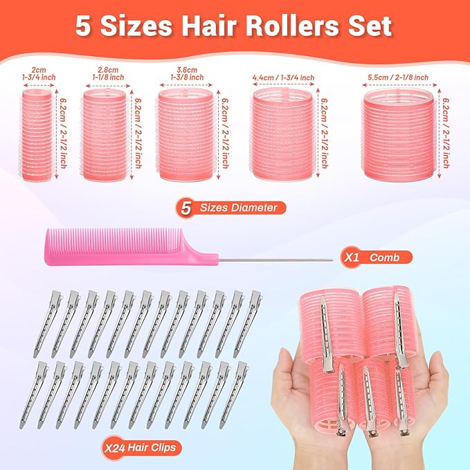 56 Pcs Hair Rollers Set for Blowout Look Long Hair, 30Pcs Rollers Curlers in 5 Sizes with 24 Pcs Clips and Storage Bag for Long Medium Short Hair Volume