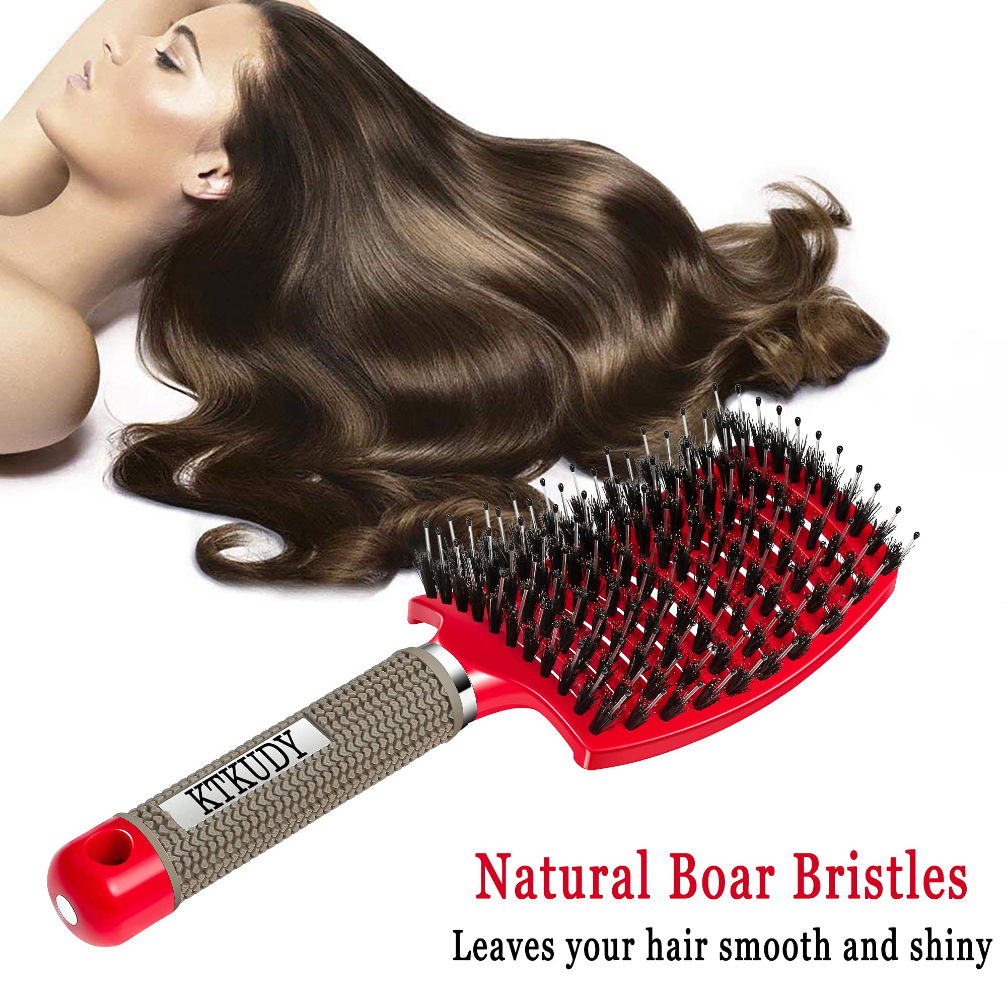 Detangling Brush Boar Bristles Set KTKUDY Hair Brush Curved and Vented Detangler Brush for Women Men Kids Wet and Dry Hair (Red&Black)