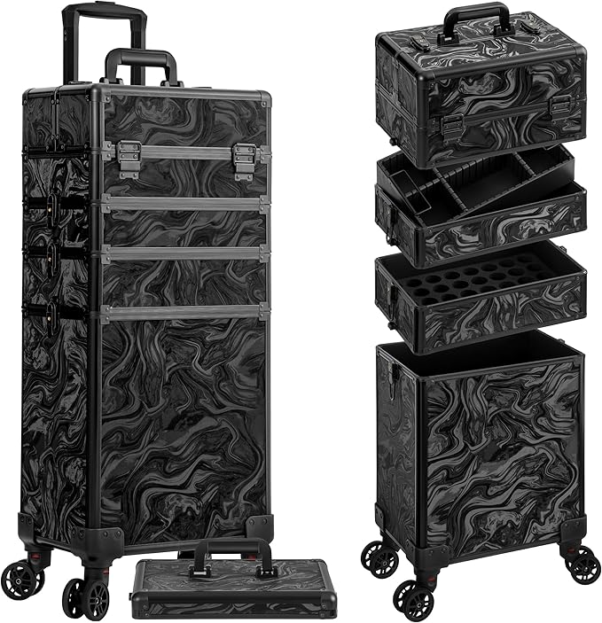 JINGUAN Rolling Makeup Train Case with Lid Cosmetology Case on Wheels