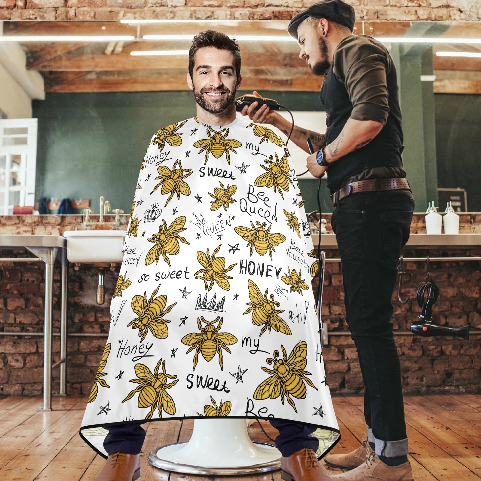 visesunny Barber Cape Honey Bee Golden Embroidery Queen Crown Polyester Hair Cutting Salon Cape Apron Anti-Static Haircut Water-Resistant Shaving Cloth Beard Shaving Bib Hairdressing Cape