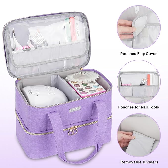 Nail Polish Organizers and Storage,Double-Layer Nail Polish Carrying Case Bag Holds 40 Bottles(15ml-0.5 fl.oz) and Nail Lamp,Nail Supplies