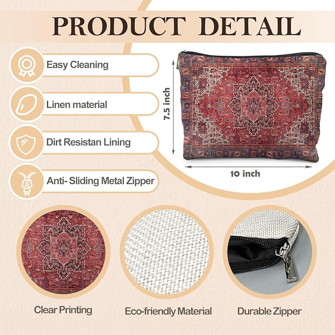 RYYCDOI Traditional Red Rug Style Makeup Bag, Vintage Ethnic Pattern Cosmetic Bag Gifts for Women Friends, Boho Tapestry Pouch