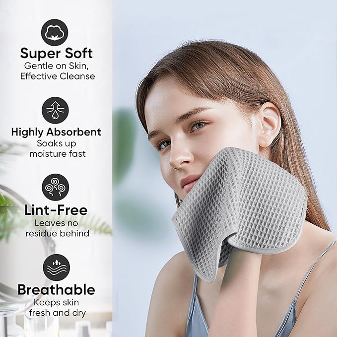 Microfiber Waffle Face Towels, 4 Pieces, Soft, Absorbent, Fast Drying, Lint Free 430 GSM (Silver)
