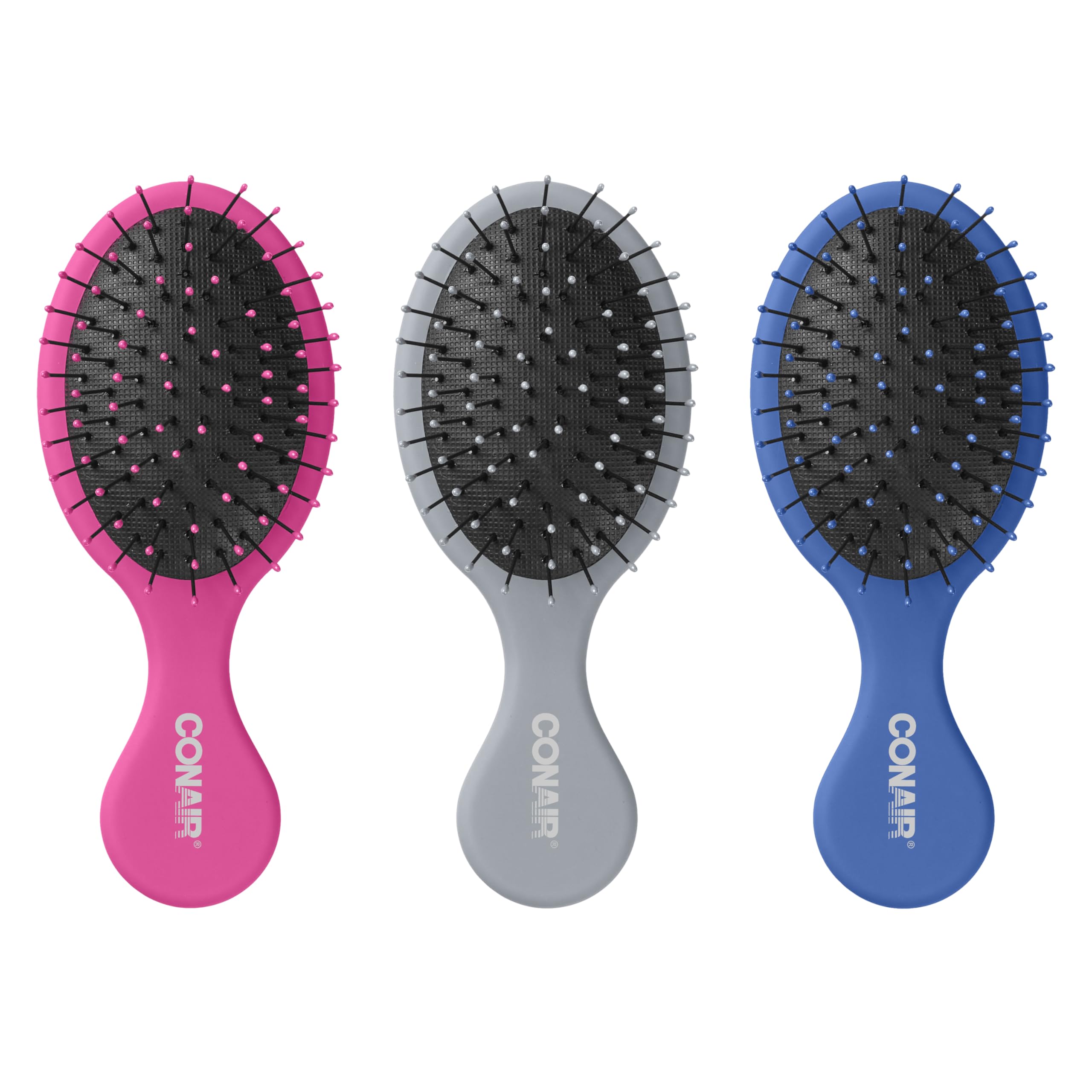 Conair Detangling Mini Hair Brush Set, 3-Pack Detangler Brushes for Wet or Dry Hair, Gentle Detangler for All Hair Types, Bristle Hair Brushes for Women, Travel Size, Pink, Gray, and Blue