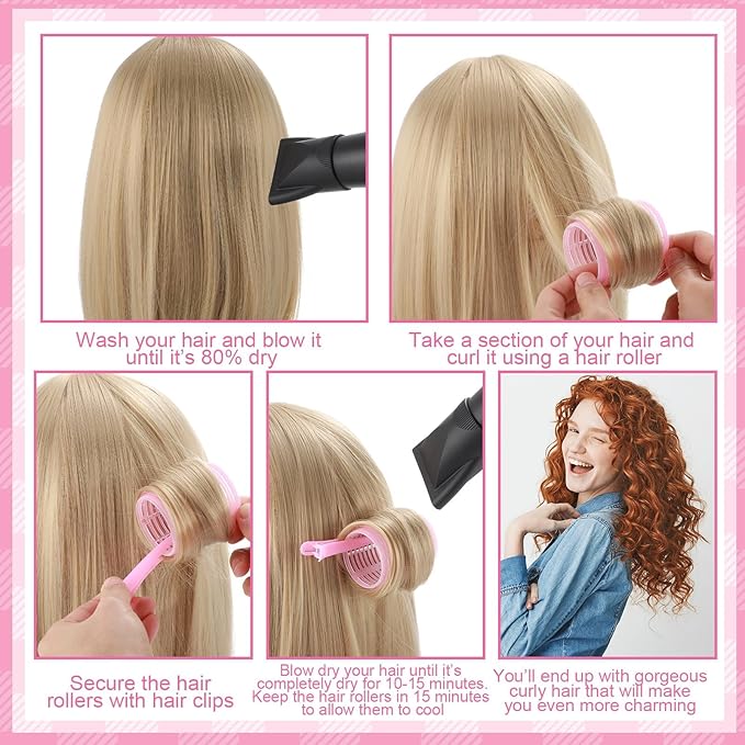 5 Sizes Self Grip Hair Rollers Set, 64 Pcs Rollers Hair Curlers with Clips Comb for Long Medium Short Hair (60 48 40 32 20mm), Pink