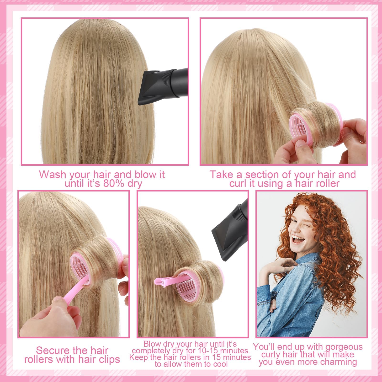 5 Sizes Self Grip Hair Rollers Set, 64 Pcs Rollers Hair Curlers with Clips Comb for Long Medium Short Hair (60 48 40 32 20mm), Pink