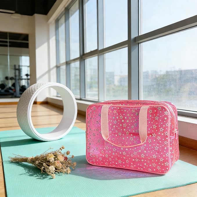 TotePrint Clear Star Large Cosmetic Bag and Travel Pouch with Handle,Durable Material,Zipper Design-Ideal for Makeup,Travel Essentials (Pink+Shiny Star)