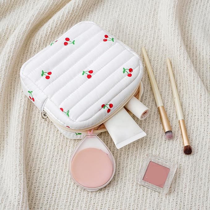 RSRSLEII Small Quilted Cosmetic Pouch for Purse, Mini Cotton Makeup Bag with Compartments, Cute Zipper Lipstick Holder for Women (12Cherry)