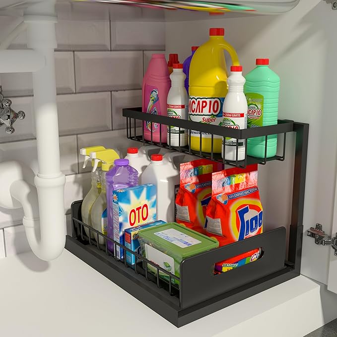 REALINN Under Sink Organizer, Pull Out Cabinet Organizer, 2 Tier Metal Slide Out Shelf with L Shaped Design for Kitchen, Bathroom, Laundry, and Utility Cabinet Storage for Deep Cabinets, Black, 1 Pack