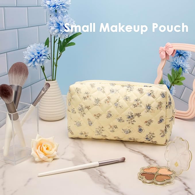 PAZIMIIK Small Quilted Makeup Bag,Zipper Cosmetic Pouch,Hyacinth Beige