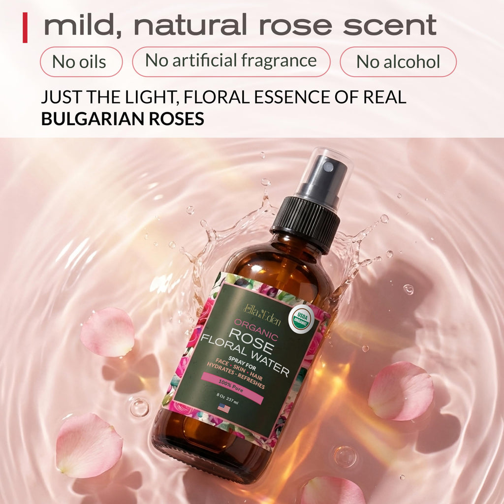 Organic Rose Water Spray for Face & Hair, 100% Pure, Alcohol Free, 8 Oz