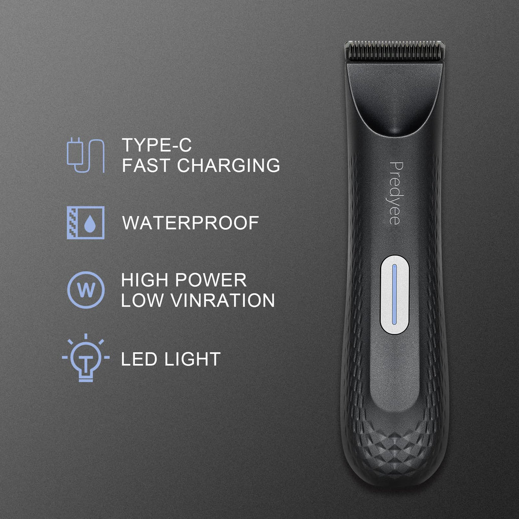 Predyee Manscape Ball Trimmer for Men, Body Hair Trimmer with Safe Ceramic Blade, IPX7 Waterproof Groin & Pubic Hair Clipper with LED Light, USB-C Rechargeable Wet/Dry Manscaping Shaver