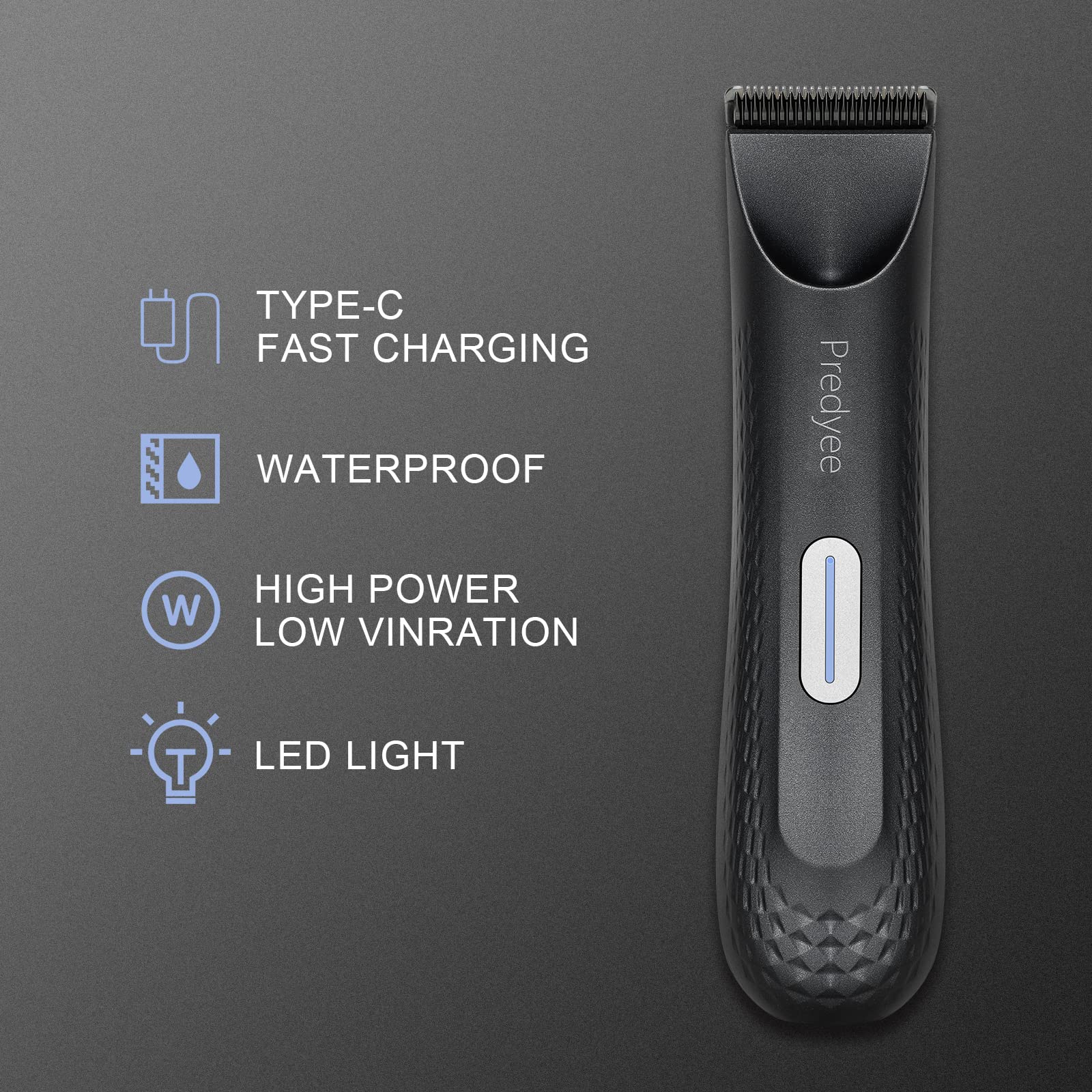 Predyee Manscape Ball Trimmer for Men, Body Hair Trimmer with Safe Ceramic Blade, IPX7 Waterproof Groin & Pubic Hair Clipper with LED Light, USB-C Rechargeable Wet/Dry Manscaping Shaver