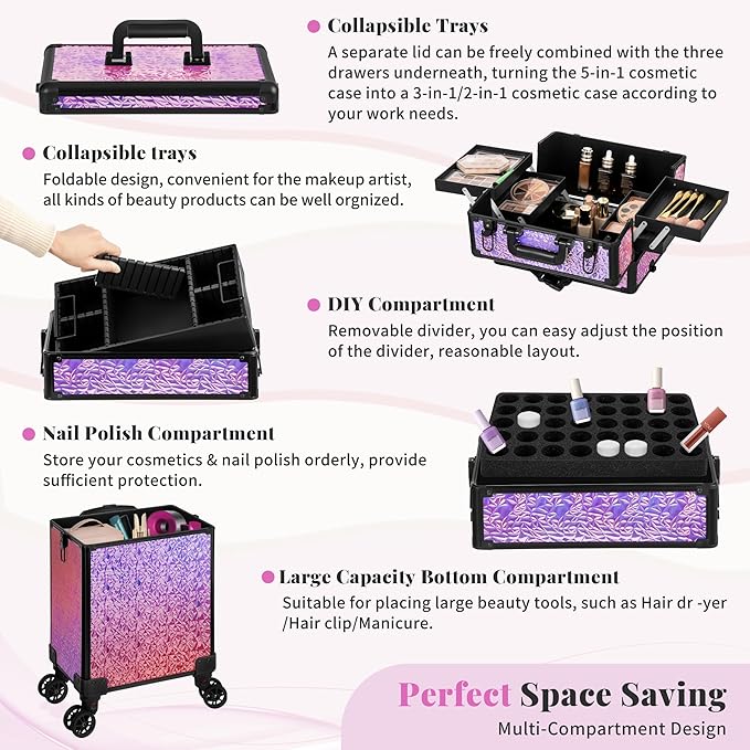 JINGUAN Professional Rolling Makeup Train Case with Lid, 5 in 1 Cosmetology Case on Wheels, Large Cosmetic Trolley Organizer Travel for Hairstylist Artist Nail Beauty Salon Barber, Gravel Pink