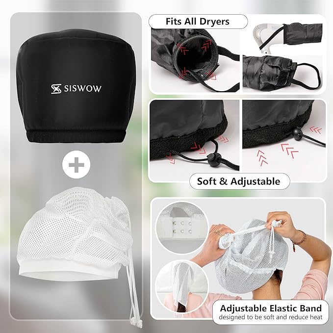 SISWOW 2-in-1 Curl Plopping Cap & Hooded Bonnet Hair Dryer Attachment, Define Curls & Reduce Frizz While You Dry, Hands-Free Diffuser Set for Wavy & Curly Hair, Net Plopping Cap + Headband + Bag