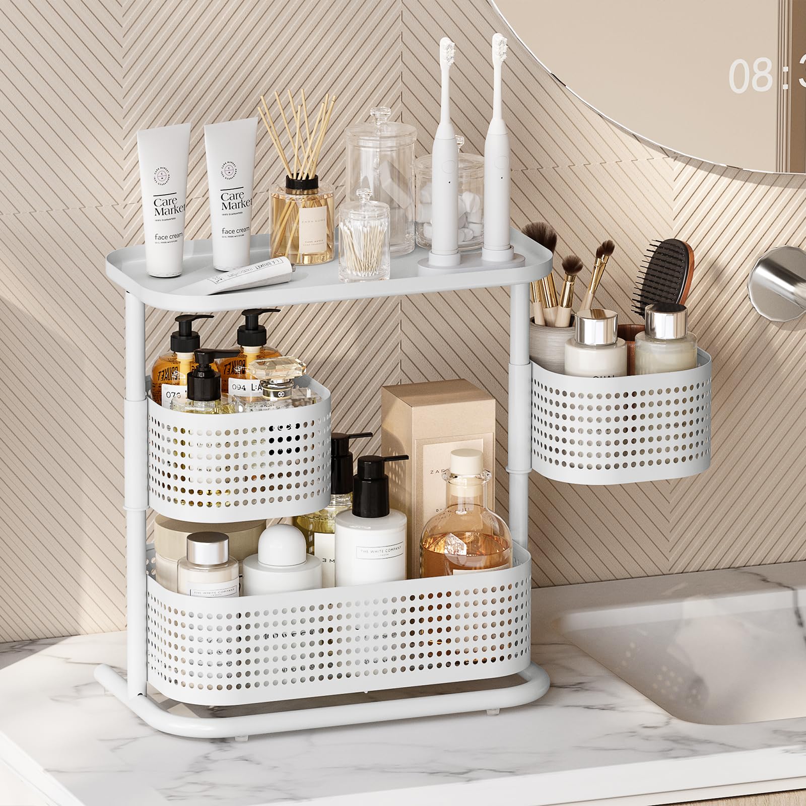 KINGRACK Metal Bathroom Counter Organizer，Rotating Countertop Storage Shelf | 3 Tier, Vanity Tray for Makeup & Skincare, Space-Saving Shelf for Bathroom, Kitchen, Baby Bottle Station, White