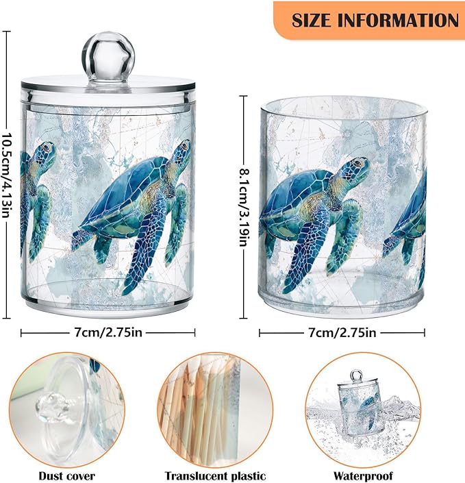 xmycdz 2 Pack Sea Turtle Pattern Apothecary Jars with Lid, 10 Oz Clear Plastic Apothecary Jar Set Qtip Holder Storage Containers for Cotton Ball Swabs Bathroom Vanity