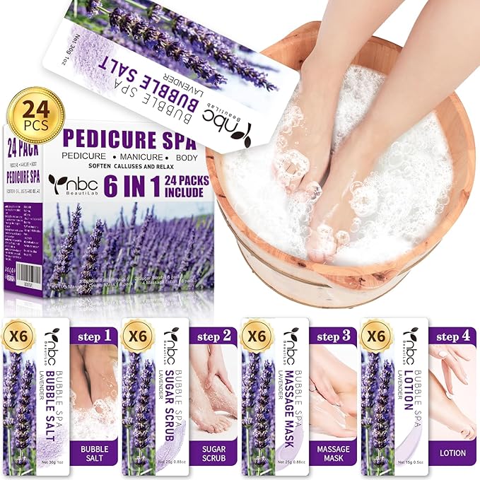 nbc BeautiLab 24 PCS Foot Soak, Pedicure Kit Foot Soak Set With Bubble Salt, Sugar Scrub, Massage Mask, Massage Lotion In a Box 4 Step Foot Spa Kit For Dry Cracked Feet, Tired Feet, 6 Set Lavender