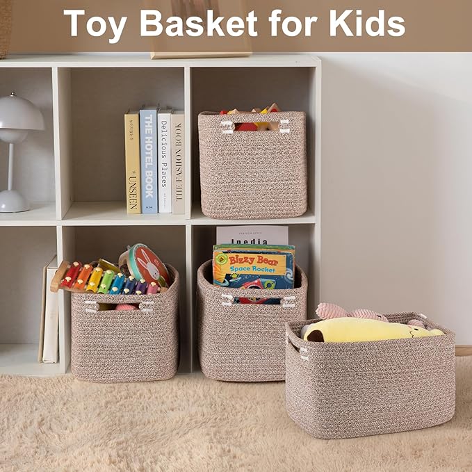 Storage Baskets for Organizing, Woven Decorative Baskets for Shelves - Books, Towels, and Clothes, Cotton Rope Toy Storage Bins, 12.7''Lx9''Wx7.8''H, Pack of 4, Linen Brown