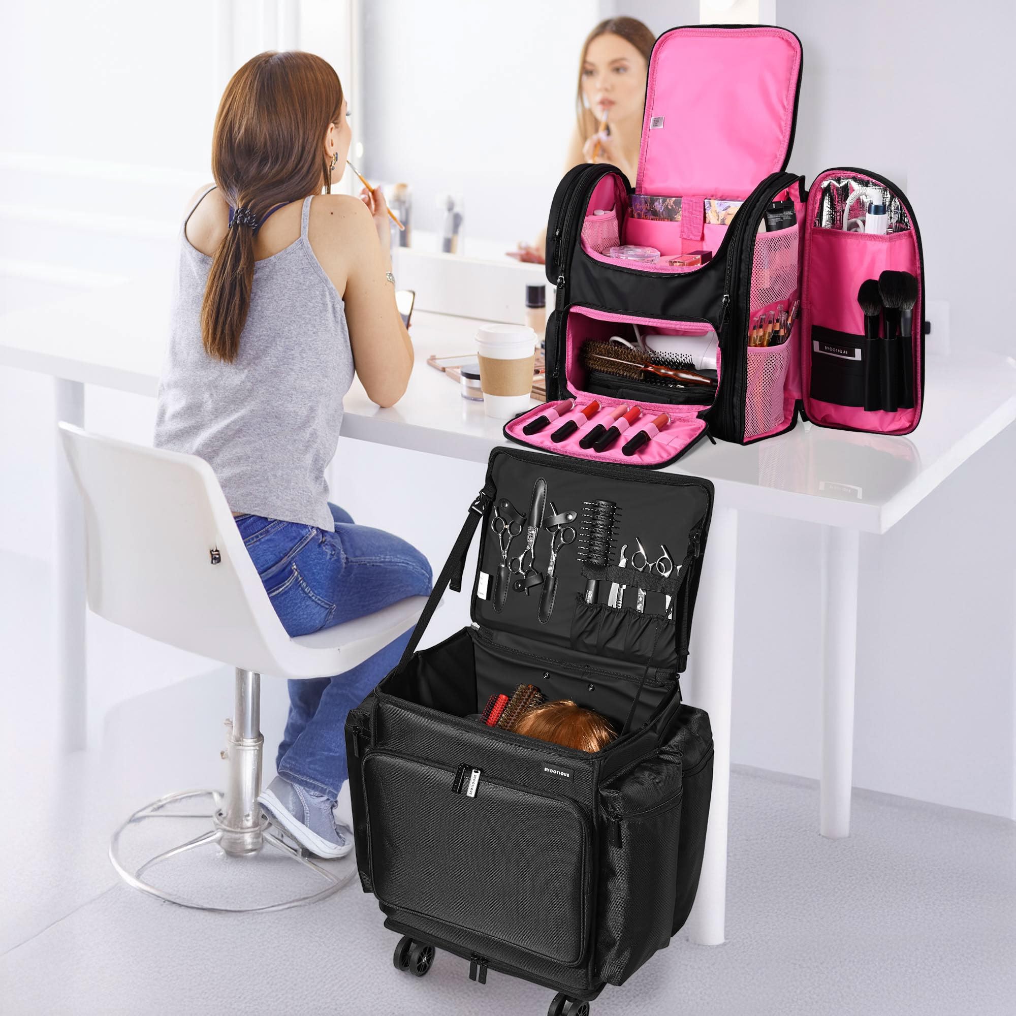 BYOOTIQUE Soft Sided Rolling Makeup Train Case Travel Backpack Hairstylist