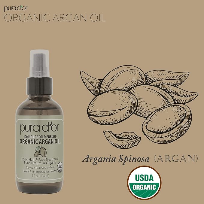 PURA D'OR USDA Organic Moroccan Argan Oil–100% Pure Cold-Pressed Virgin Grade–Treatment for Hair, Skin, Face, Body– Helps Dry Skin, Scalp Care, Split Ends, Nails & Cuticles 4 Oz - Hair Regrowth Tonic