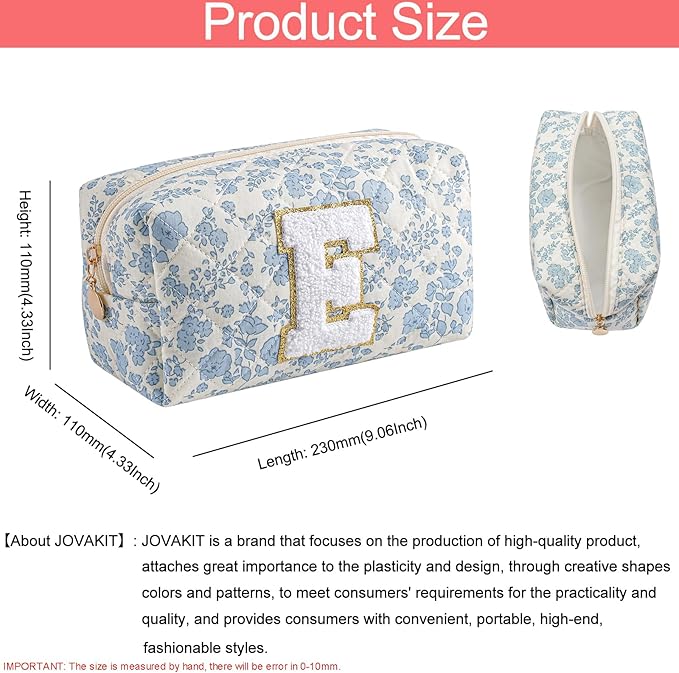 JOVAKIT Alphabet Makeup Bag Cosmetic Bag for Women, Christmas Gifts for Girls Age 6-18, Floral Flowers Coquette Travel Toiletry Zipper Make Up Pouch Organizer Trendy Stuff (2Pcs Blue Floral E)