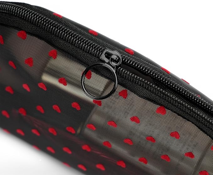 TOPASION Portable Mesh Makeup Bag with Zipper Small Travel Toiletry Bag Lightweight Cosmetic Pouch (Black&Red Heart Half Round)