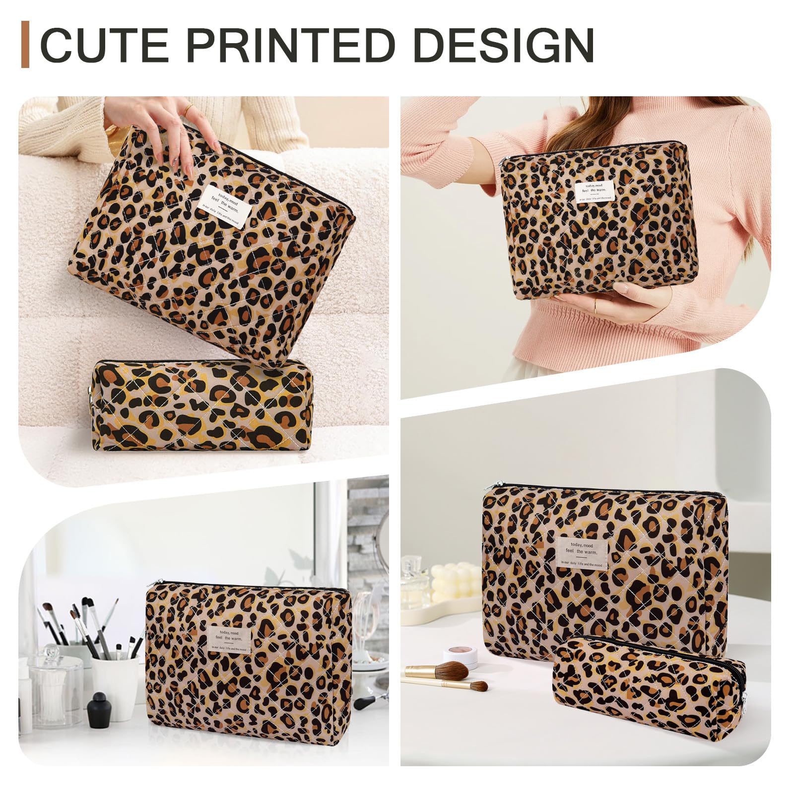 Gosect 2PC Makeup Bag Set, Cute Cosmetic Bag for Women Girls, Floral Coquette Aesthetic Toiletry Bag, Travel Make Up Organizer Bag (Leopard Print)