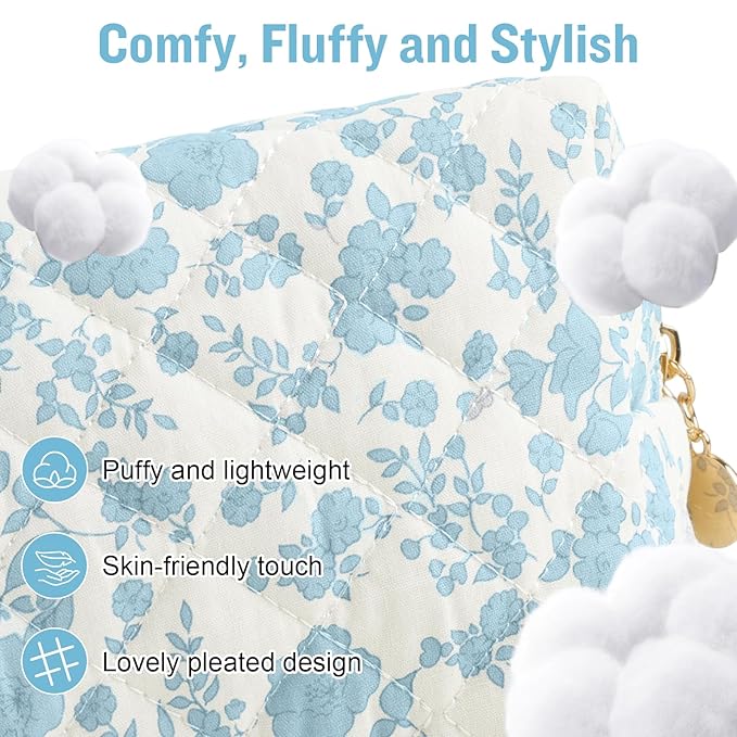 Personalized Quilted Cosmetic Bag, Puffy Monogrammed Christmas Birthday Gifts for Women & Girls, Cute initial Floral Makeup Bag Puffer Coquette Bag, Aesthetic Travel Toiletry Zipper Pouch(Blue,O)
