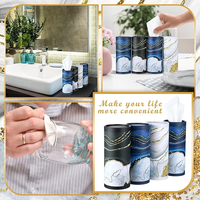 Fourluoo 12 Pack Car Tissue Cylinder Holder Bulk with 3 Ply Facial Tissues, Round Napkin Holders for Car Cup Holder Cylinder Travel Paper Tubes Bulk Round Napkin Boxes Packs(Marble)