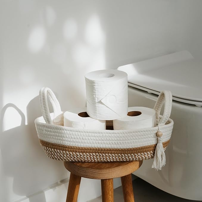 Decorative Toilet Paper Basket – Beautiful Bathroom Organizer for Toilet Tank Storage Decor – Boho Cotton Rope Bin with Tassel for Bathroom Accessories and as Shelf Decor
