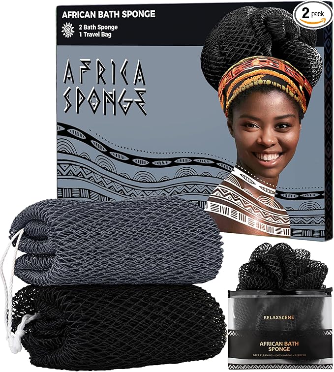 African Net Sponge Authentic - 2 Pieces 52IN Stretched Length Exfoliating Body Scrubber Bath Sponge - Loofah Washcloth Back Scrub for Shower Body Exfoliator