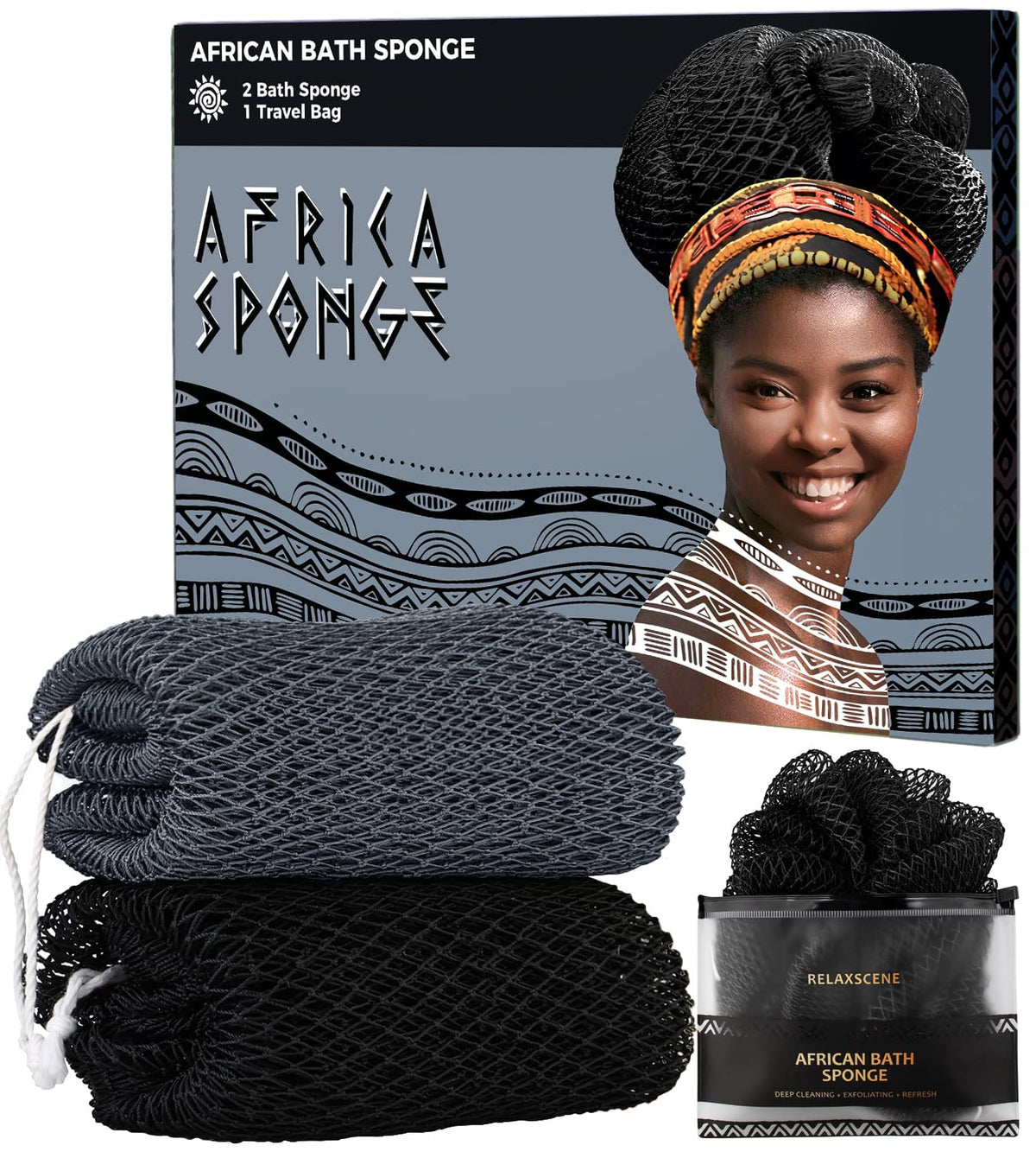 African Net Sponge Authentic - 2 Pieces Exfoliating Body Scrubber Bath Sponge - Back Scrubber Washcloth for Shower - Real African Scrub Exfoliator Body Care Bathing Accessories for Women