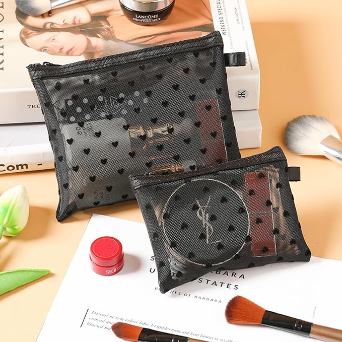 TRAKWAN 4-Piece Heart Printed Mesh Makeup Bag Set, Portable Travel Mesh Cosmetic Bags Toiletry Bags Makeup Purse Bags Mesh Zipper Storage Pouches for Home Offices Travel Accessories (Black)