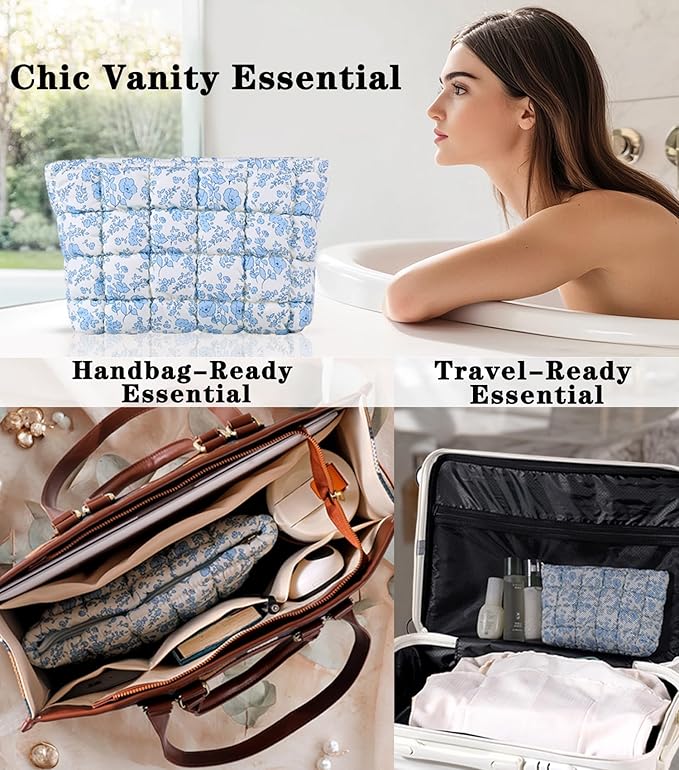 HFLZBRO Puffy Quilted Makeup Bag, Cosmetic Bag, Travel Toiletry Organizer Pouch, Clutch for Women (Blue Floral)