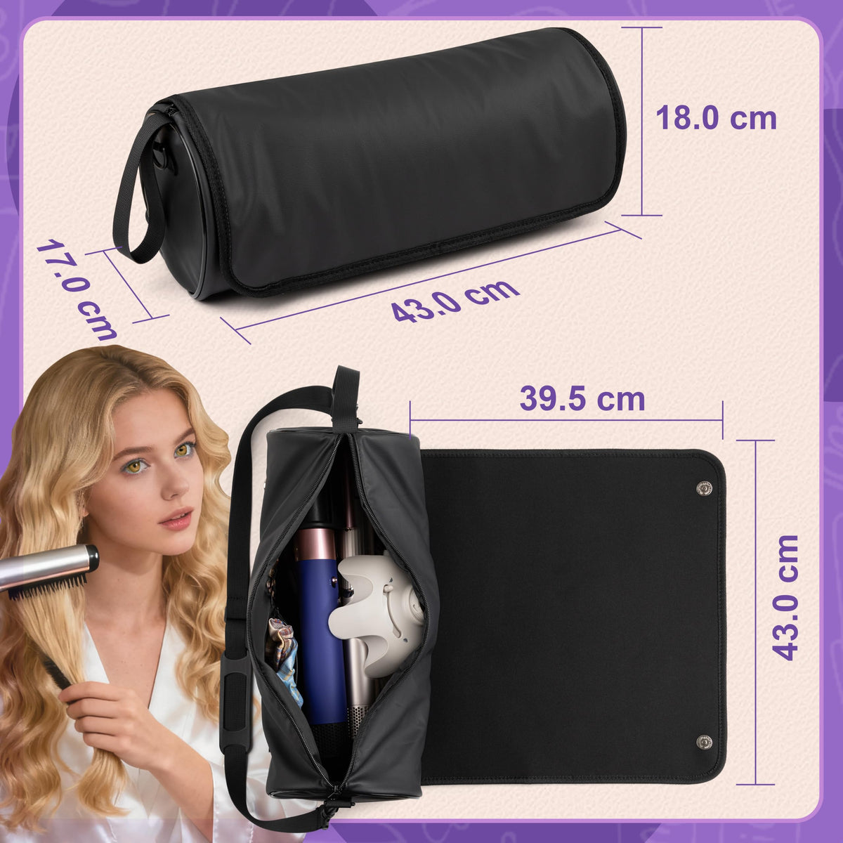 MIUONO Hair Tools Travel Bag, Hair Tool Organizer with Large Heat Resistant Mat, Hair Dryer Curling Iron Travel Case for Flat Irons, Straighteners and Haircare Accessories, Large