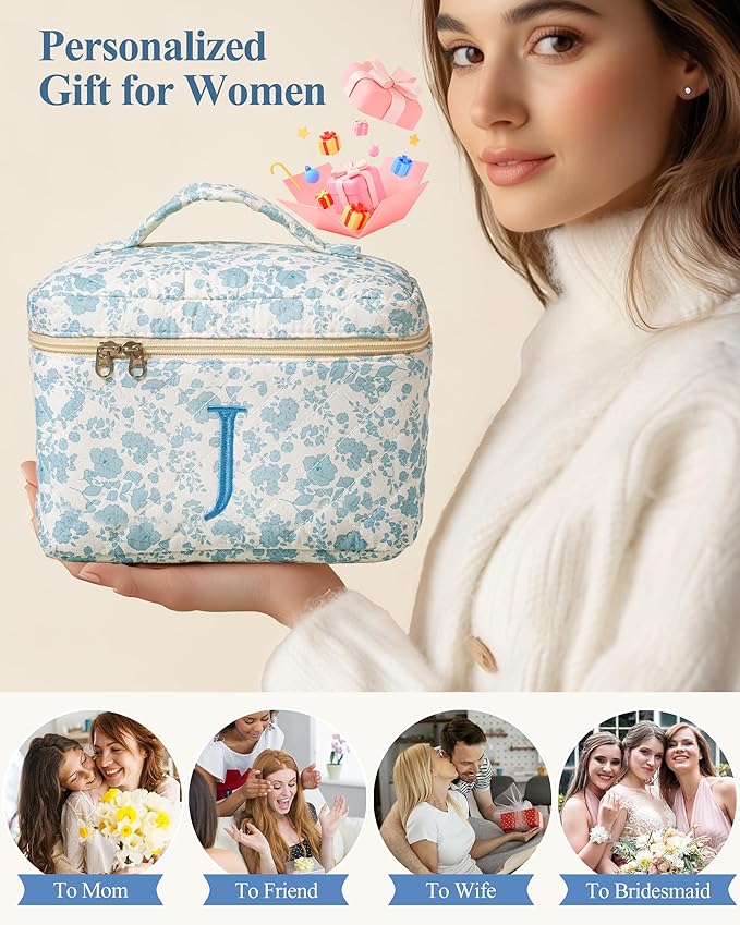HBselect Initial Quilted Makeup Bag, Cotton Large Travel Make up Bag, Cute Floral Coquette Cosmetic Bag Toiletry Bag for Women Girls J