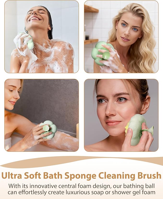 2026 Upgrade 4 Pcs Super Soft Flower-Shaped Suction Cup Bath Sponge, Upgraded 2-in-1 Flower-Shaped Ball Exfoliating Bath loofah Cleaning Brush, Mesh Shower Body Sponge for Shower