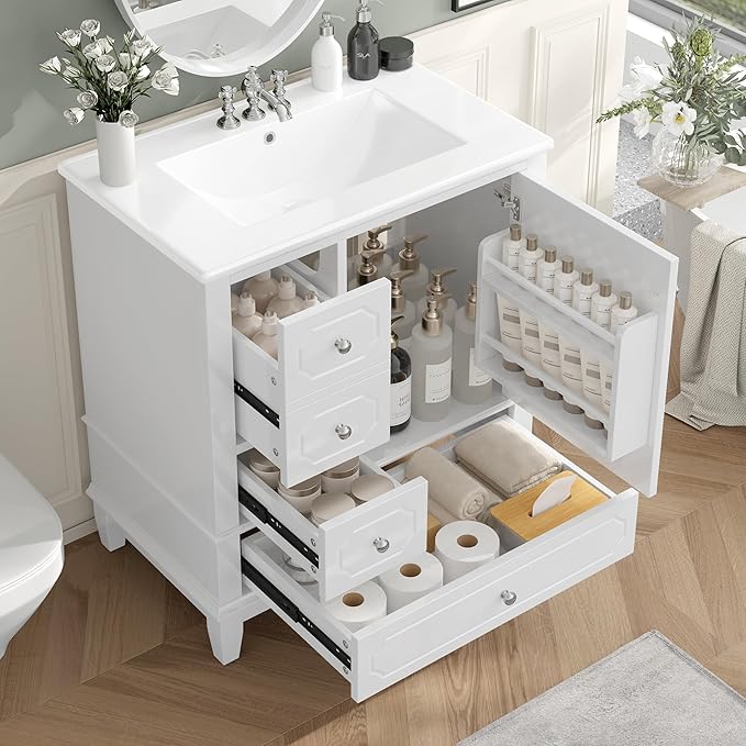 30" Bathroom Vanity with Sink, Harper & Bright Designs Free Standing Single Vanity Set with 3 Drawers and One Door with Storage Racks, Solid Wood Storage Cabinet with Ceramic Basin for Bathroom, White