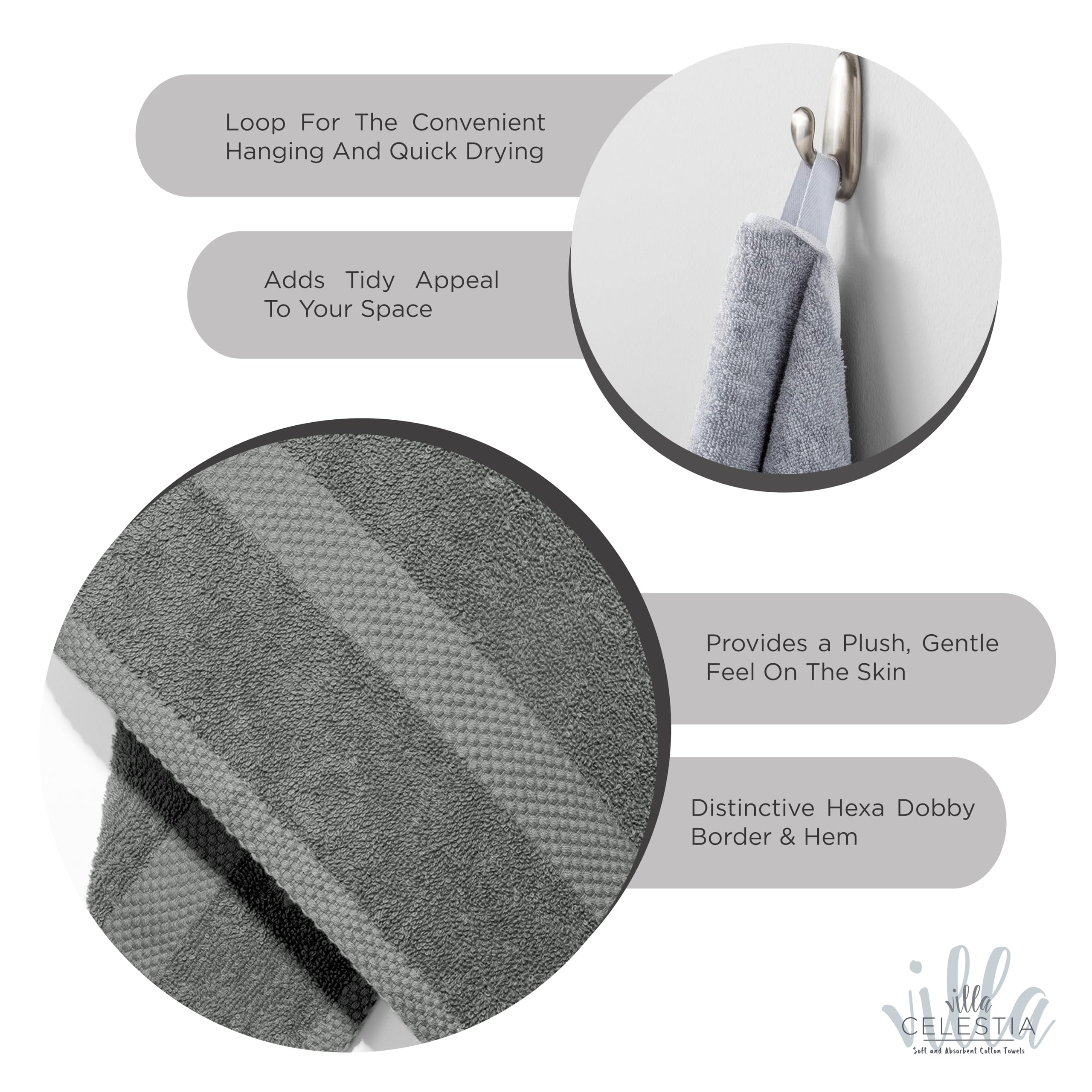 Villa Celestia Cotton Hand Towels Set of 4, 16 x 28, Oeko-TEX Certified, Quick Dry, Grey